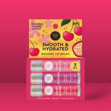 Load image into Gallery viewer, Smooth & Hydrated Natural  Lip Balm Trio Sweet Cherry, Passion, Pink Hisbiscus