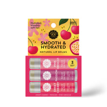 Load image into Gallery viewer, Smooth & Hydrated Natural  Lip Balm Trio Sweet Cherry, Passion, Pink Hisbiscus