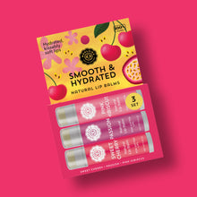 Load image into Gallery viewer, Smooth & Hydrated Natural  Lip Balm Trio Sweet Cherry, Passion, Pink Hisbiscus