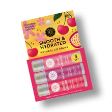 Load image into Gallery viewer, Smooth & Hydrated Natural  Lip Balm Trio Sweet Cherry, Passion, Pink Hisbiscus