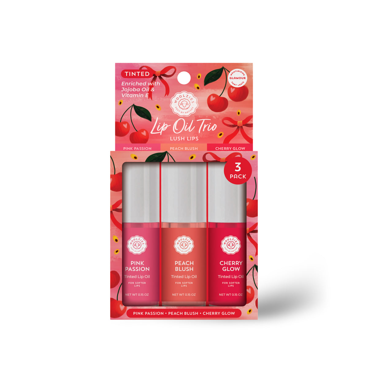 Lush Lips Lip Oil Trio – Pink Passion, Peach & Cherry – Woolzies.com