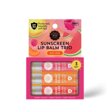 Load image into Gallery viewer, SPF Sunscreen Lip Balm Trio Sweet Melon, Sunny Peach, Berry