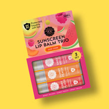 Load image into Gallery viewer, SPF Sunscreen Lip Balm Trio Sweet Melon, Sunny Peach, Berry