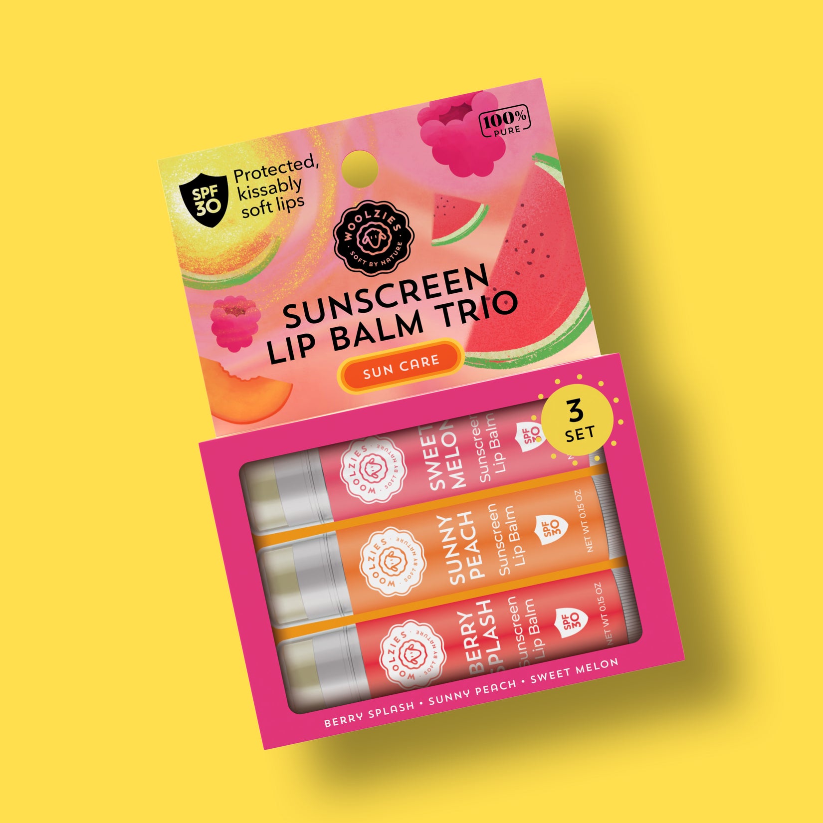 SPF Sunscreen Lip Balm Trio Sweet Melon, Sunny Peach, Berry