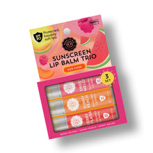 Load image into Gallery viewer, SPF Sunscreen Lip Balm Trio Sweet Melon, Sunny Peach, Berry