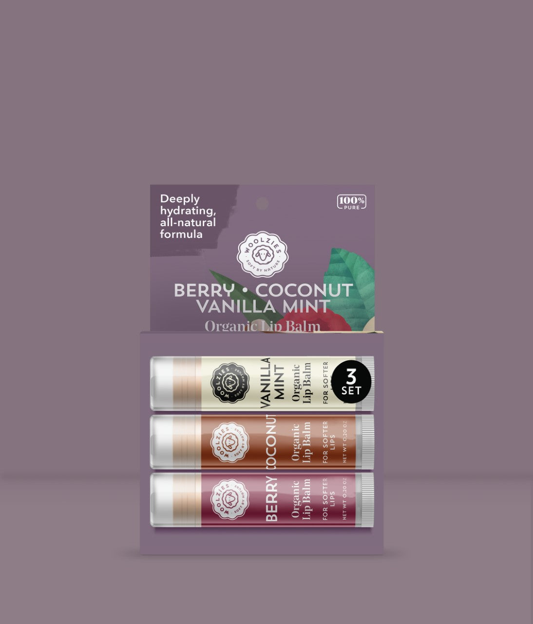 Berry, Coconut, Vanilla Mint Lip Balm Set of 3